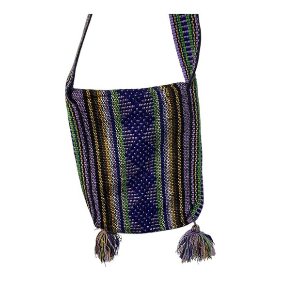 Handwoven Purple Multicolor Cotton Ethnic Crossbody Bag With Tassels Striped Boh - Picture 3 of 4